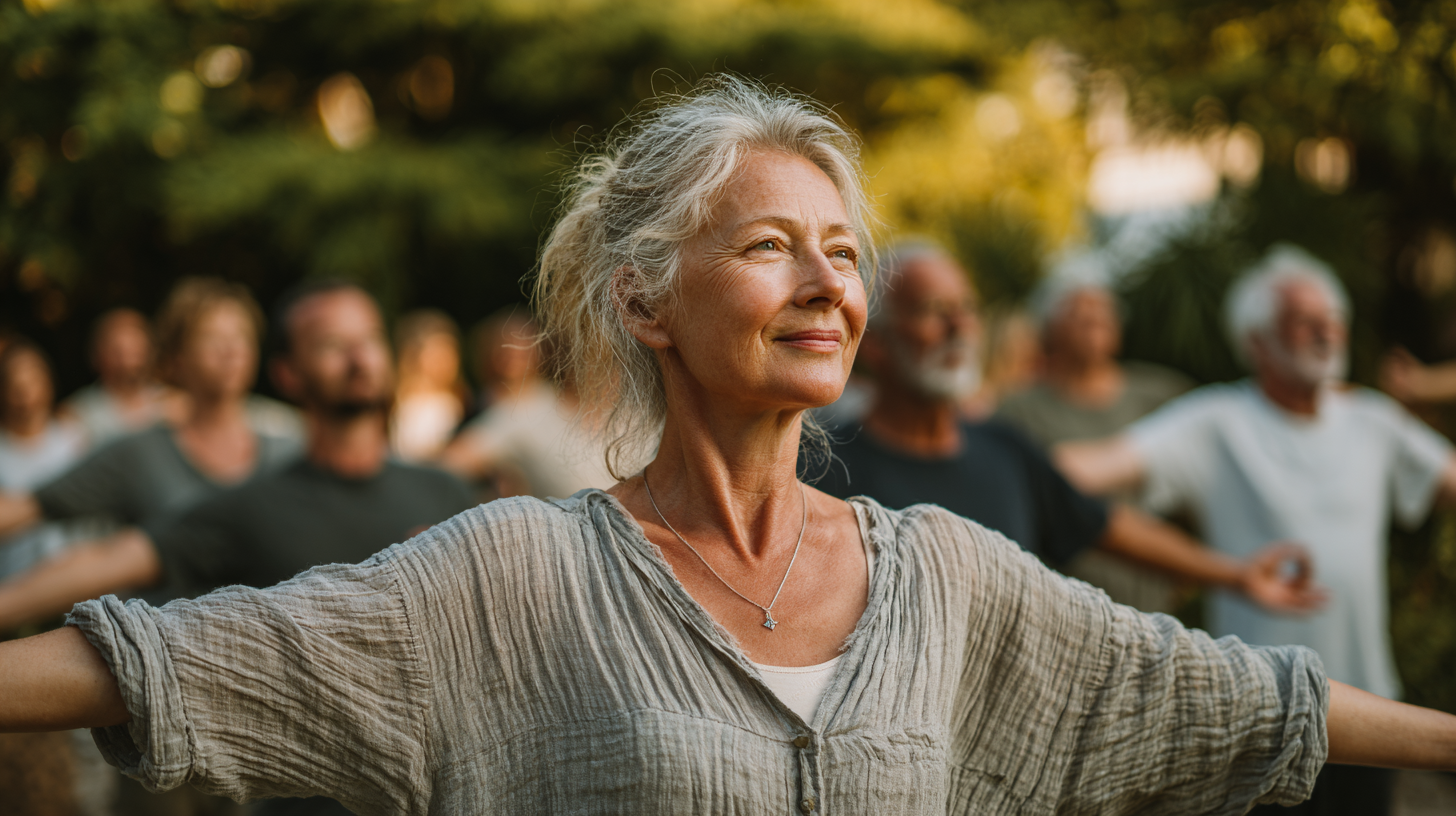 Люди старшого віку займаються йогою в саду